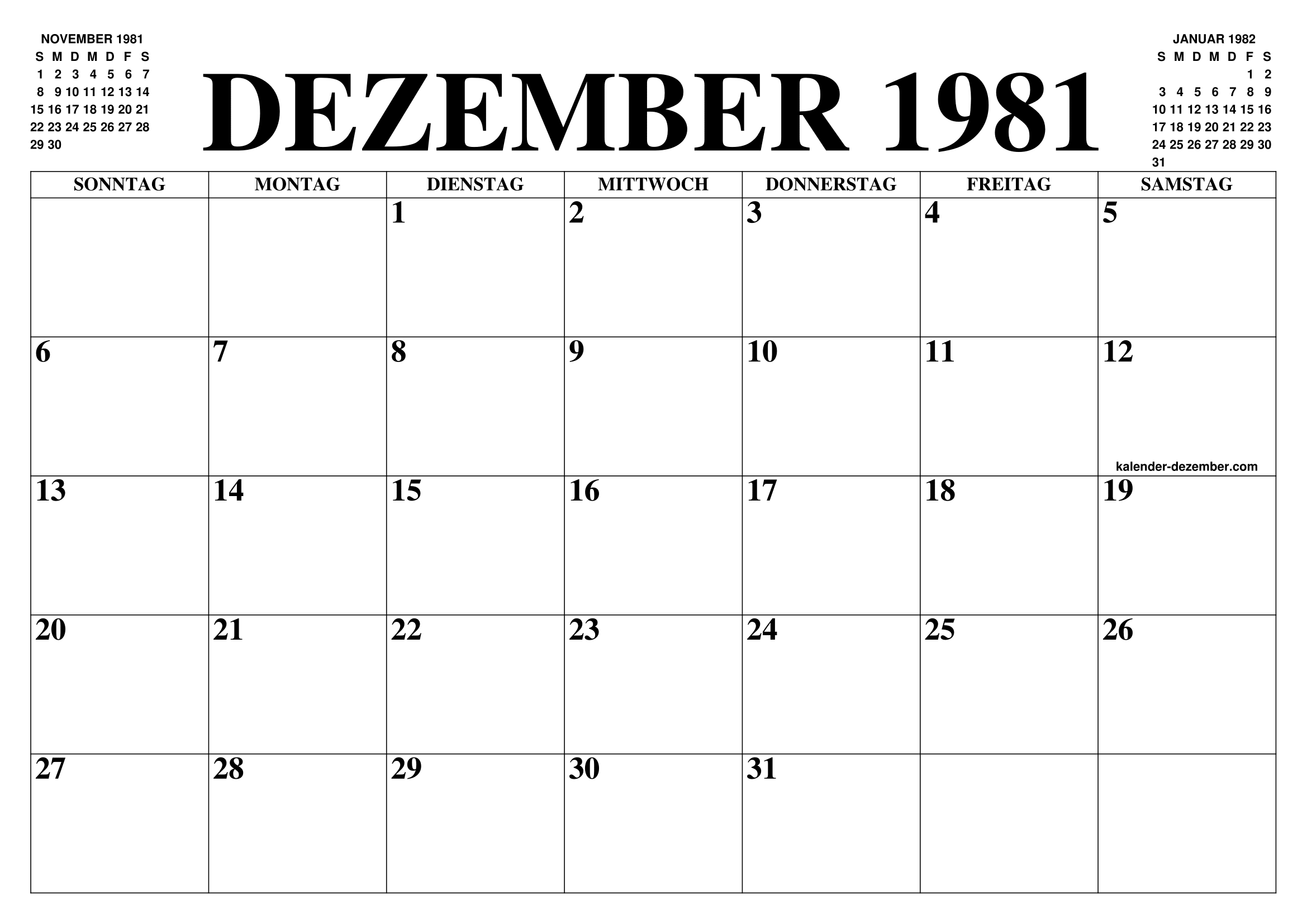 KALENDER DEZEMBER 1981 DEZEMBER KALENDER ZUM AUSDRUCKEN GRATIS MONAT UND JAHR AGENDA