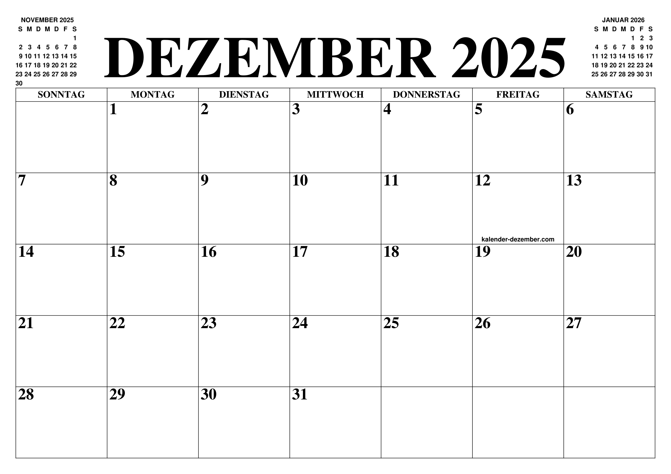 KALENDER DEZEMBER 2025 : DEZEMBER 2025 KALENDER ZUM AUSDRUCKEN GRATIS KALENDER DEZEMBER 2025 : DEZEMBER 2025 KALENDER ZUM AUSDRUCKEN GRATIS