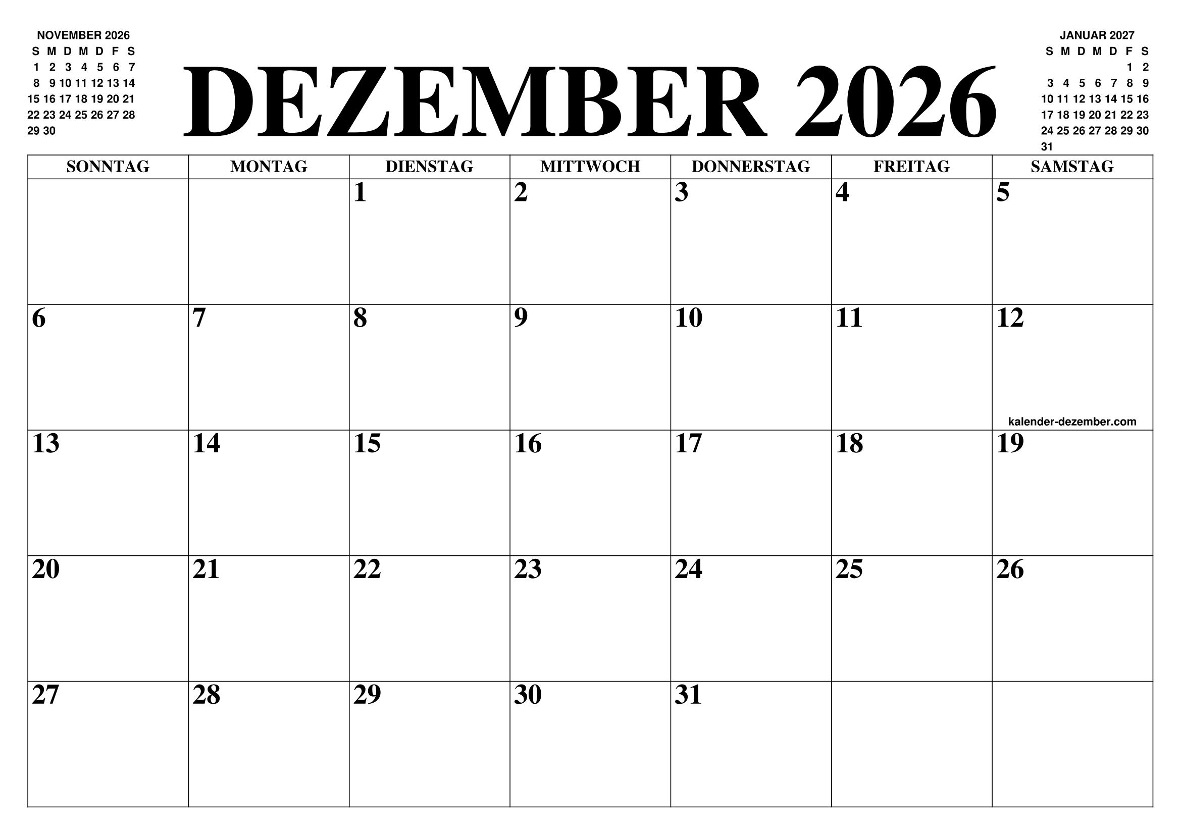  KALENDER DEZEMBER 2026 : DEZEMBER KALENDER ZUM AUSDRUCKEN GRATIS MONAT Illustration 